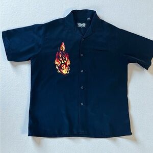 Goth grunge dragonfly tattoo flash Men's Black Flame Embroidered Shirt-L